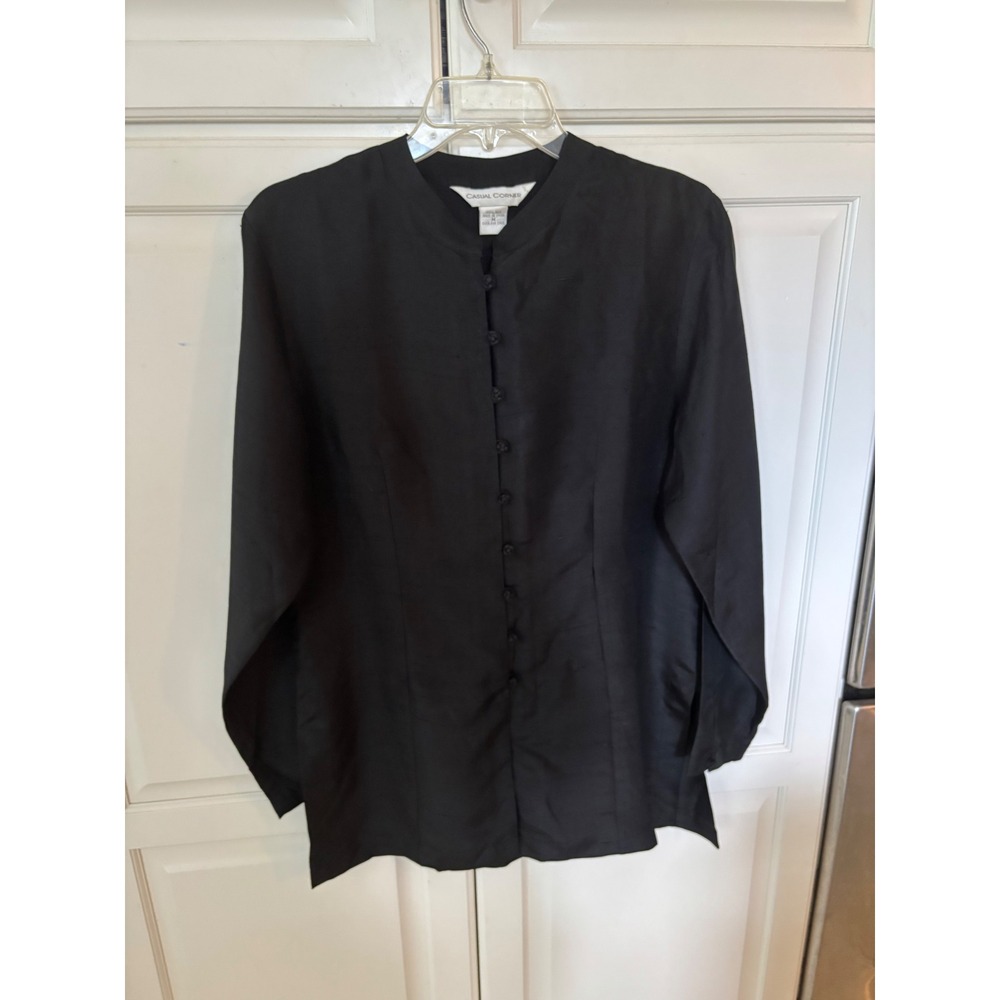 Casual Corner Black 100% Silk Mandarin Collar Button Front Blouse Top Medium